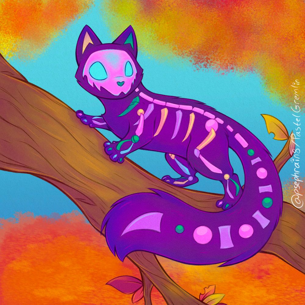 My drawing of denny_piku’s oc Bone for Art Fight! A strange purple spectral ringtail cat with a colorful, simplified skeleton within, and glowing blue light shining within its skull/out of its eye sockets.