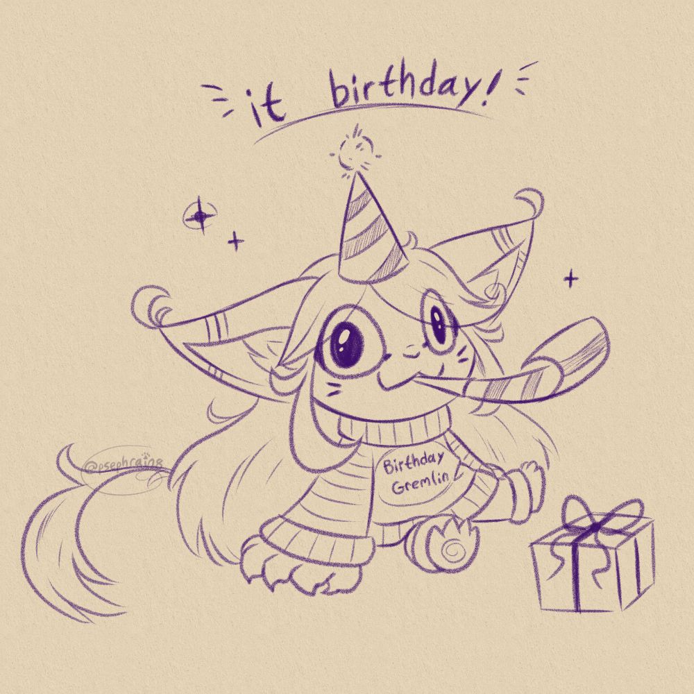 A doodle I made of my sona (Pastel Gremlin) sitting down, pupils wide and drifting apart, with a party favor in her mouth, a party hat on, a sweater that says “birthday gremlin” on the front, and a present next to her