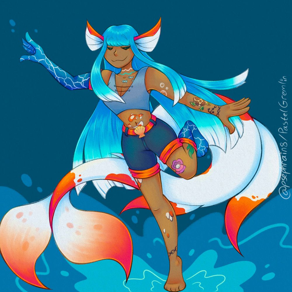 My drawing of Artic_Ray’s oc Lorelei for Art Fight! A deep tan-skinned woman in a gray tank top and navy shorts with orange accents, and long hair that resembles ocean waves in coloring. She has orange and white fins on her head, as well as a long white and orange koi-like mermaid tail (though she also has two legs). Her right arm and left leg are replaced by water magic copies of themselves, and her body is covered in nautical-themed tattoos