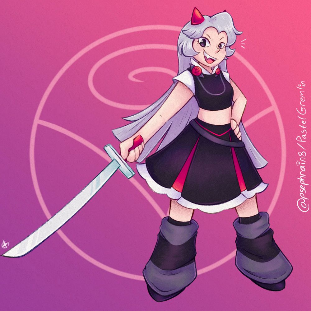 My drawing of ghostietea’s OC Roe for Art Fight! A cool girl in a black and red outfit with rose motifs and striped leg warmers. She has reddish horns, long silver hair, dark eyes and it holding a longsword