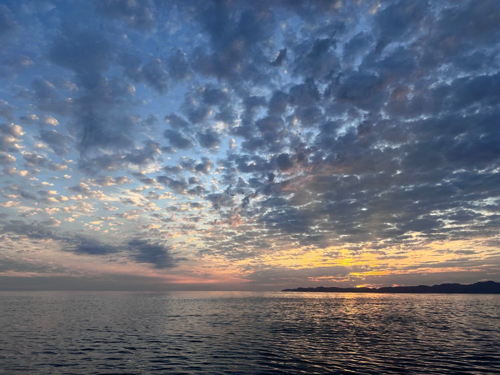 photograph of a cloudy sunrise over the Sea of Cortez, taken from a panga on the water and showing the horizon line about 1/4 of the way up from the bottom with a sliver of Isla Carmen in silhouette off to the right. The sky is dramatic blue with grey and peach spots of clouds all over the sky, and golden apricot sunlight reflecting off the calm water. Mexico is a beautiful country.