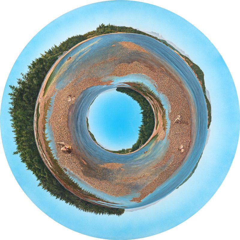 circular work of art by Lee Robinsong, called "Echoes." a blue sky with lush forest along the edges, and the distant mountains and clouds showing in the upper right. The low tide stony glass of the island make a lovely brown and blue swirled donut shape.