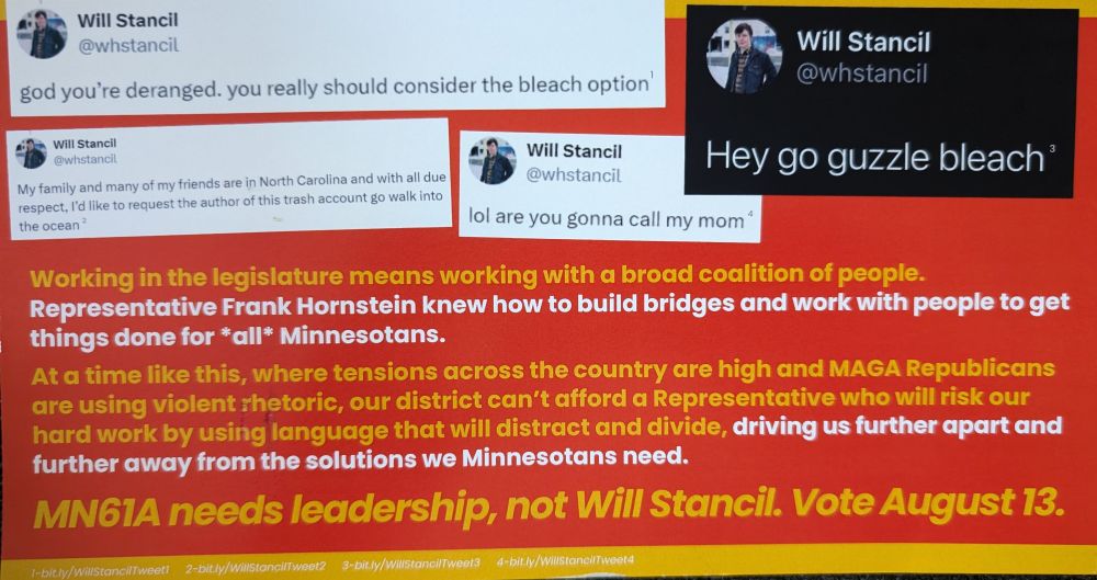 Mailer Stancil's opponents sent out with old tweets, multiple telling people to drink bleach and one saying to walk into the ocean