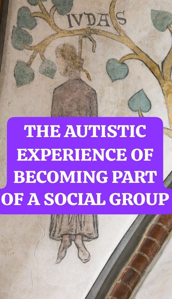 Church painting of Judas Iscariot hanging in a tree, seen as an illustration of the autistic experience of becoming part of a social group