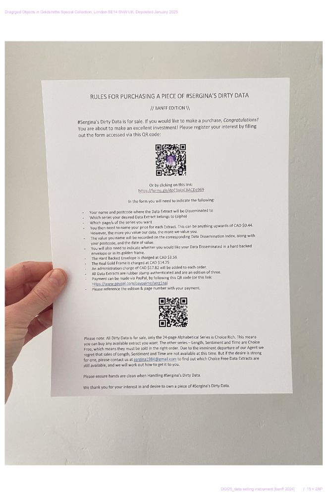 Hand holding A4 piece of paper titled 'Rules for Purchasing A Piece of #Sergina's Dirty Data' - with a list of rules and QR codes to register interest. 