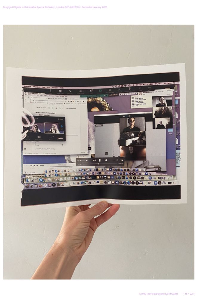 Hand holding hand-printed photograph of a screenshot of an online/offline performance that Performed online as part of IPAK’s Sexuality Summer School by #Sergina agents Elly Clarke & Stephanie Telomere in August 2021. 

Showing screenshare of previous episode of the same series performed in June 2019 with Bon Mott and Kori Miles at The Body of Knowledge Conference at Deakin University, Melbourne/Naarn, which in turn screenshared a screen recording of the 4 hour in person performance HOW ARE YOU? #Sergina’s Participatory Soap Opera about Wrestling with Wellbeing in the Digital Age with Vladimir Bjeličić at ONCA in Brighton earlier in June 2019. 

Printed in the darkroom from acetate negative (like the others in this box) at The Banff Centre in August 2024. 

Link to performance the still is taken from:  https://youtu.be/Kjy9tTvy1Xo?si=8i-e6TVtOT_mFtQM 

1 item
Hand printed c-print (unique)	
2024

