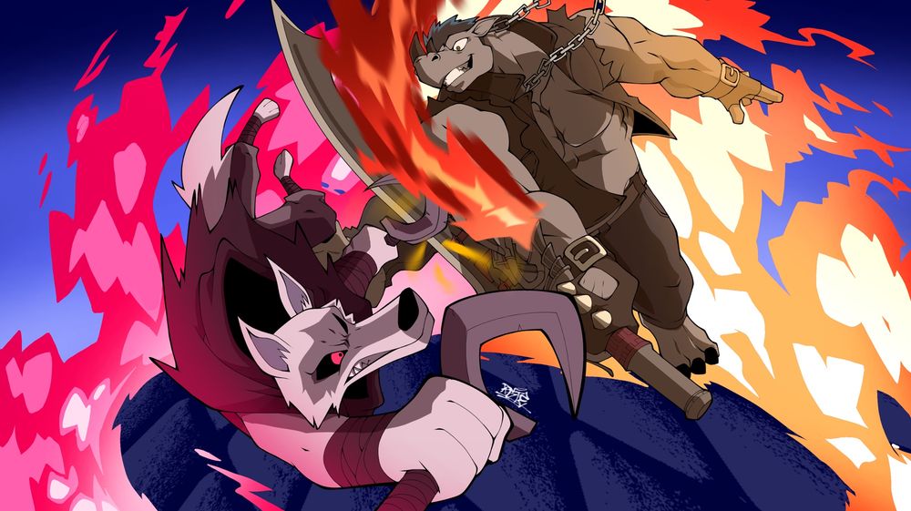 Death clashing weapons with Reckless. Deaths side has pink flames while Reckless side has orange flames making for a very nice color contrasts 