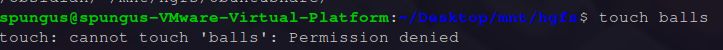spungus@spungus-VMware-Virtual-Platform:~/Desktop/mnt/hgfs$ touch balls
touch: cannot touch 'balls': Permission denied