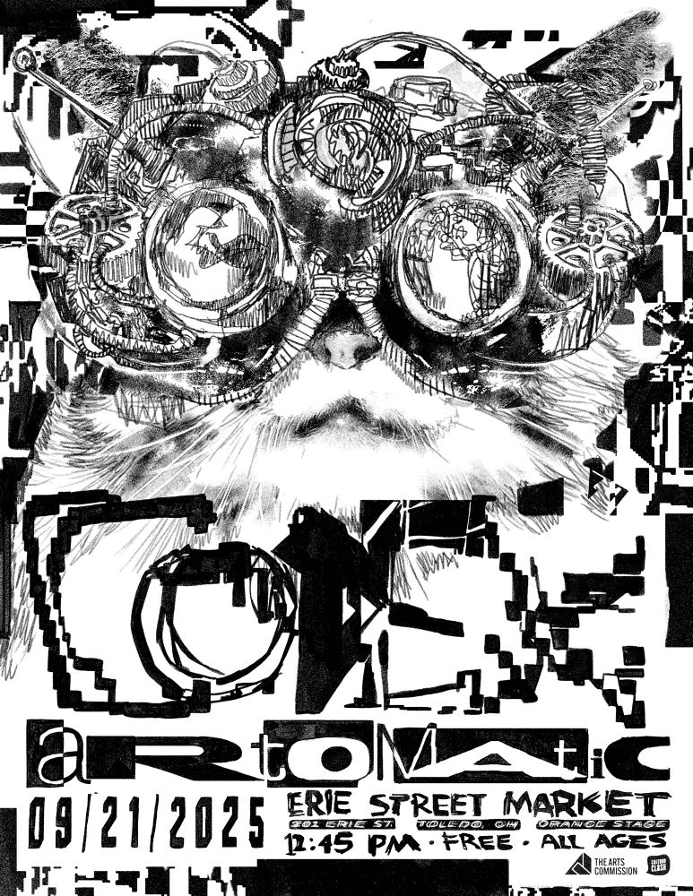 Poster for Codex - live at Artomatic, September 21, 2025. A black and white drawing of a three-eyed cat with sketchy goggles in a glitched background. 