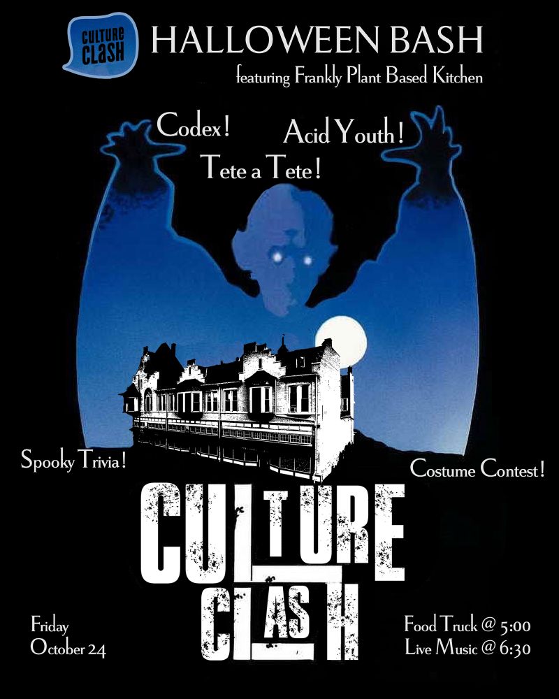 A concert poster for Culture Clash Records' annual Halloween bash: a blue ghost over a black background and a black-and-white image of the Culture Clash storefront in front of the ghost. Doors: 5:00pm, music: 6:30pm.
