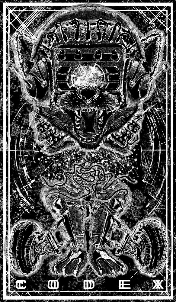 Vertical sticker of a one-eyed, black-and-white cyborg cat, modified with electronic pedals, car wheels, claws, headphones, and an SP404 sampler. 