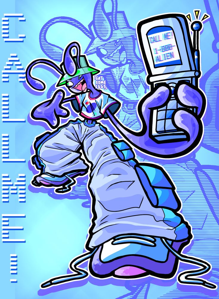 an illustration of an original character. D-MACRO is a bluish-purple alien wearing a gray bucket hat with glowing green spots that resemble a UFO, with 2 antenna poking out from the hat. he has 4 bug-like eyes and is grinning widely. he is wearing a white cropped t shirt and baggy bluish-gray pants with a beight blue waistband and side pattern. his shoes are white and purple with a pink underside, with laces untied. he holds a flip phone gleefully towards the viewer, with the screen displaying the message of “CALL ME! 1-800-ALIEN” on it.