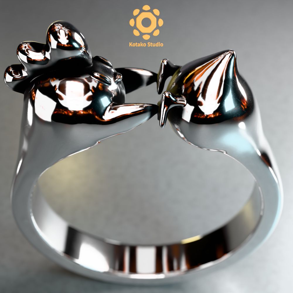 3D render of a sterling silver ring resting on it's shank on a surface. The ring looks like a stylized chicken stretched into the shape of a ring with the head and legs meeting in the top of the ring. The chicken is touching it's own legs. The view is a closeup from above of the side of the ring.