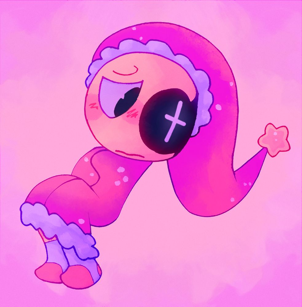 Astro, specifically in his "Starry Night" skin where he has a pink sleeping cap and blanket (the latter having a star), fluff around them, white and pink socks, and yellow skin. He's somewhat sitting and the background with pinkish clouds.