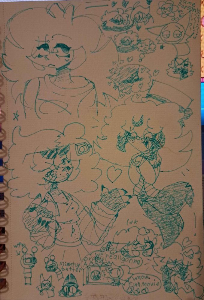 Various drawings of Sky drawn with a blue pen, mostly skys by cynzrhaps0dy.bsky.social (Cyn's rhapsody)
Sky (Cyn's version) with a little unrelated star, Faker Wikia and Skyte (DoodlesAbtSky + trapsena2) being romantic, the fuck up flower and Wenda from sprunki with arrows and text saying "same person [several interrobangs] /j" doodle below with Wenda but dressed like Skazy, Azure blushing and hearts all over looking below at the big doodle of a joyful Barbershop Sky, Instiko with a peace sign and a heart and tongue out, two doodles of Fun Bot (sprunki), Wenda again (normal and horror), Tiko watching a horror movie (movie: "WE'RE ALL GONNA EXPLODE! AAAAA" Tiko: "waow. fun movie [three thumbs up]"), Sky (Cyn's version) but dead for some reason, and a drawing of Skazy