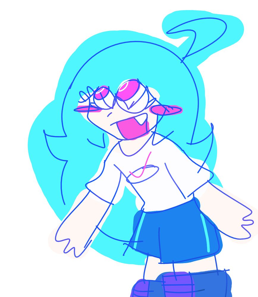 Highly saturated and messy doodle of Faker Sky, leaning forward and joyful