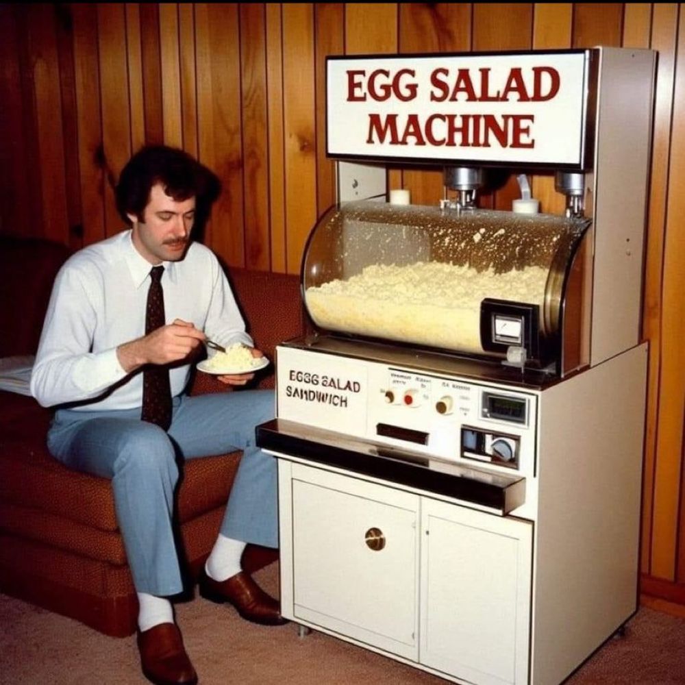 A retro-themed image featuring an "Egg Salad Machine," a quirky piece of equipment designed to churn out large quantities of egg salad. The machine has a prominent rectangular sign at the top reading "EGG SALAD MACHINE" in bold red capital letters. Below the sign is a large cylindrical transparent chamber filled with what appears to be egg salad. The mixture inside is visibly textured, indicating a creamy consistency typical of egg salad. The machine includes an array of control buttons and switches on the front panel, labeled with terms like "Egg Salad Sandwich," along with knobs and an analog gauge for adjustments, giving the machine a functional yet nostalgic appearance.

To the right of the machine sits a man with a thick mustache, wearing a light blue dress shirt paired with a dark tie featuring subtle patterns. He is dressed in light blue trousers and polished brown loafers, with white socks visible. The man is seated on a vintage-style brown sofa with a textured fabric, holding a small bowl of egg salad in one hand and a spoon in the other. He appears to be casually enjoying a serving of the freshly made egg salad, creating a humorous juxtaposition between the industrial-scale production of the machine and the personal act of eating.

The setting adds to the retro vibe, with wood-paneled walls in a warm orange-brown hue creating a cozy, mid-20th-century ambiance. The floor is carpeted in a light tan color, further enhancing the vintage aesthetic. The machine's lower compartment features two white cabinets with metallic handles, suggesting storage space. The overall composition of the image blends the absurdity of the concept—an entire machine dedicated to egg salad production—with a nostalgic and slightly humorous atmosphere, capturing a snapshot of an imagined past where such machines might have existed. This image evokes both a sense of curiosity and amusement, combining retro design, unconventional functionality, and lighthearted human interaction.
