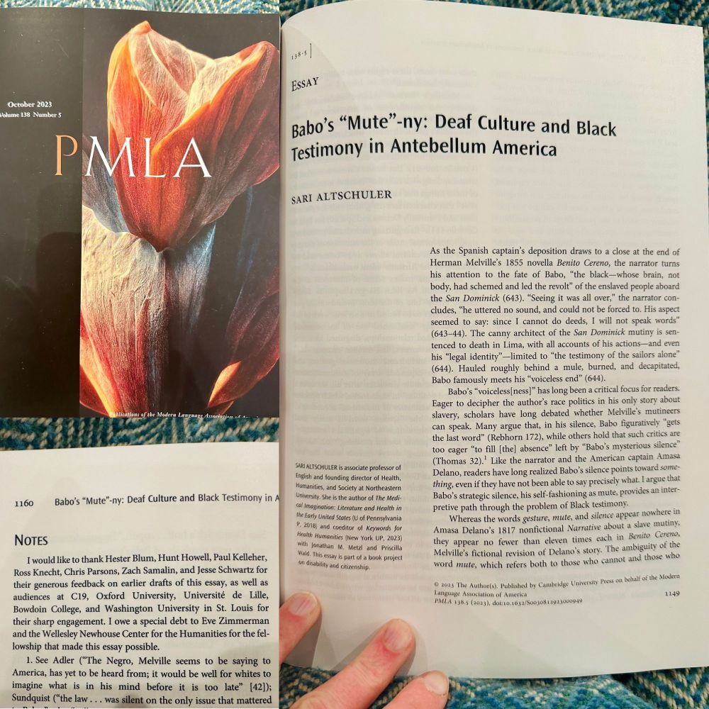 This is a composite of three images. The top left shows a picture of the cover of PMLA (journal) with an orange flower. The bottom left image is the beginning of the notes section which features the thanks described above. And the right hand image features a hand on the first page with the title "Babo's 'Mute'-ny: Deaf Culture and Black Testimony in Antebellum America" followed by the first few paragraphs, which can be found at the link in the main post text.