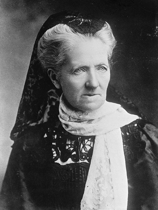 A black and white photo of Charlotte Despard, an elderly woman with upswept hair, piercing light-coloured eyes and a firm expression.She wears black lace and a white scarf around her neck