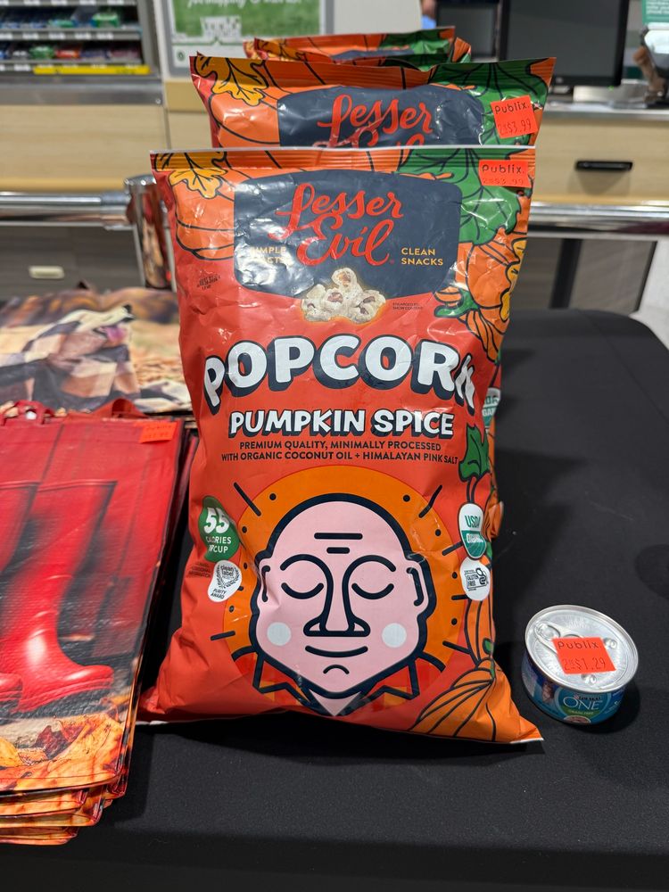 A bag of Lesse Evil brand pumpkin spice popcorn