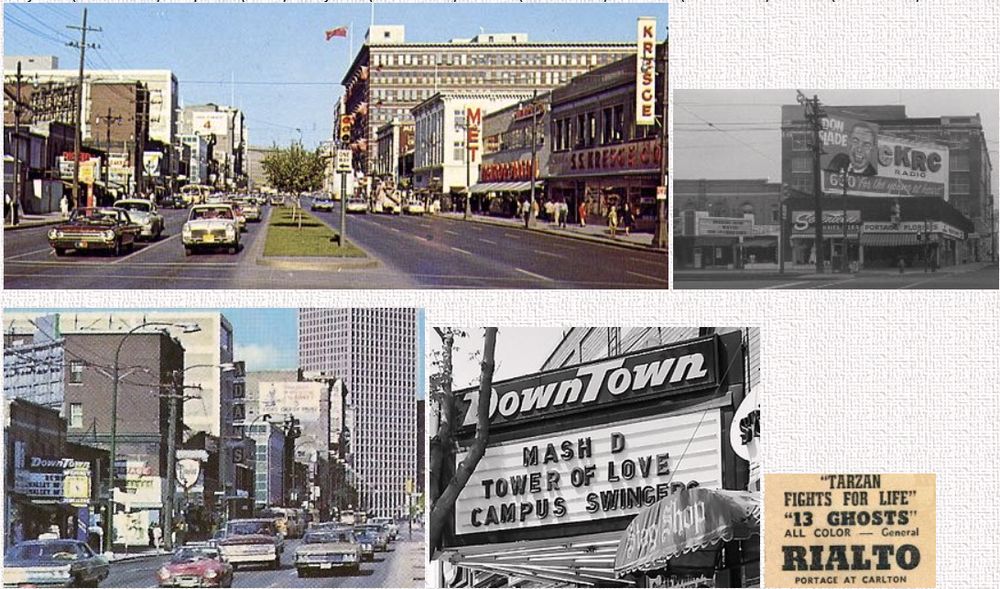 Photos of the old "Downtown Theatre" at 363 Portage in Winnipeg. Streetscape photos from around the 50's-70's.