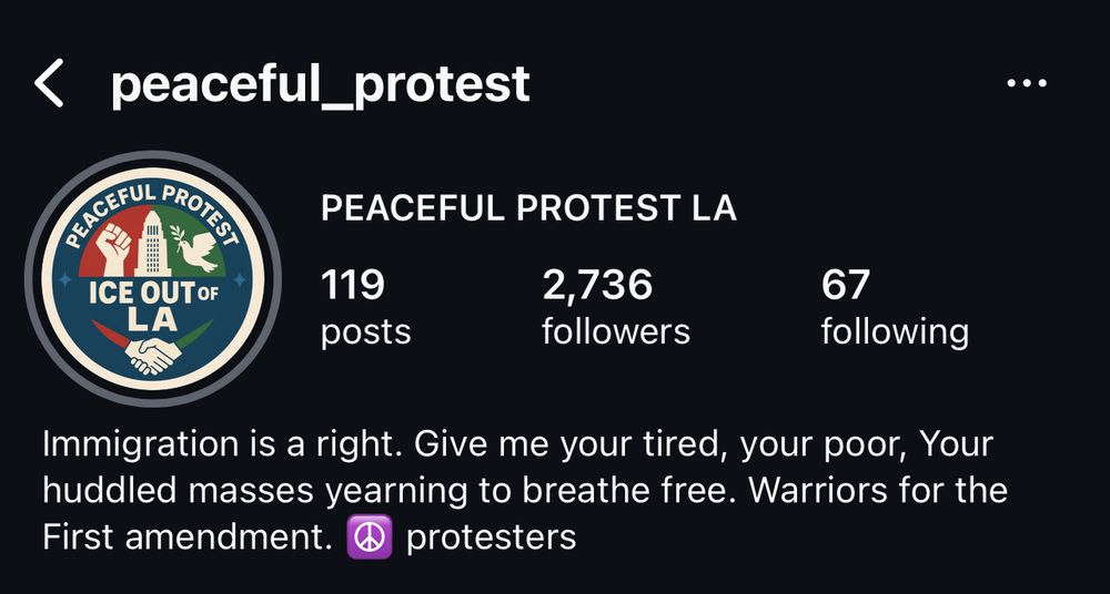 “Peaceful protest” Instagram account

Bio “Immigration is a right. Give me your tired, your poor, Your huddled masses yearning to breathe free. Warriors for the First amendment.
protesters”