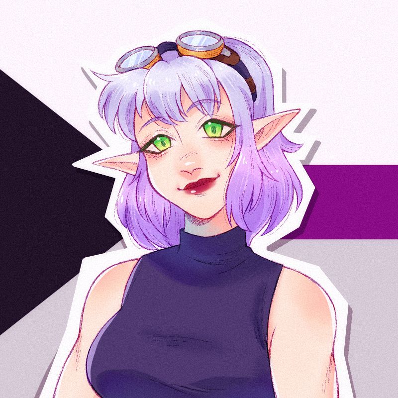 Art depicts an elf with a sleeveless mock neck top, and short white to purple ombre hair with bangs. Atop their head is a pair of gold goggles. Their eyes are green, and their lips are red. The art is posed with a slight tilt to their head and a soft smile. The background depicts the demisexual flag, which is a black triangle, with a white and gray stripes of equal widths, and a purple stripe in between of a shorter width. 

The art is by Demifae.art
