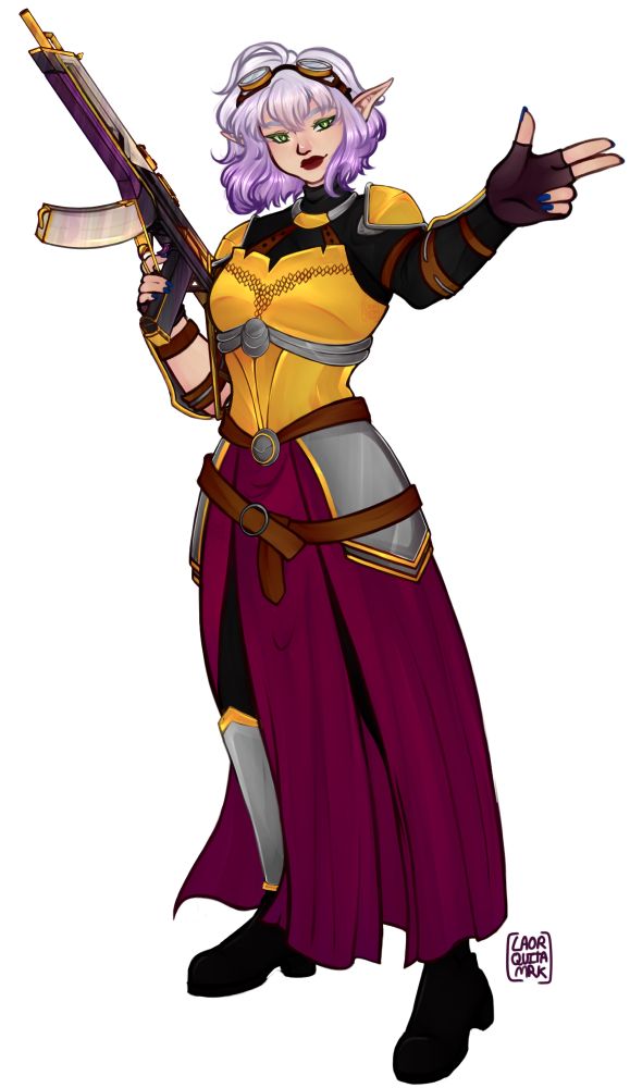 Art depicts an elf with bob-length white hair that turns purple towards the tips. Green eyes and red lips. Golden armor with silver accents, brown straps, and a red skirt that splits into three panels for movement. Black pants and black boots can be seen beneath the skirt. Fingerless gloves are on the hand and nails are painted. In one hand is the Valorant Prime vandal gun braced against the right shoulder, the other is held out in a finger gun motion.

Art by laorquitamrk