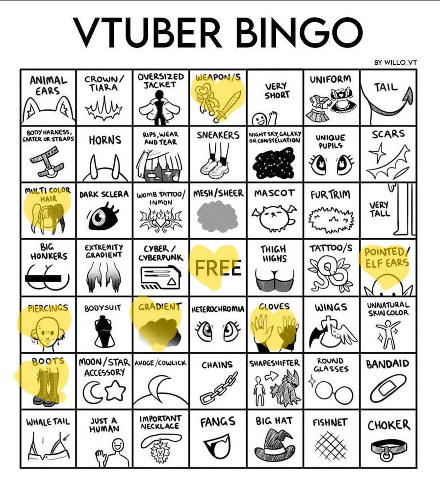 A 7x7 VTuber Bingo by Willo_VT 

The following squares are highlighted with associated pictures: 
Weapon/s, multi color hair, free Square, Pointed/Elf ears, Piercings, gradient, Gloves, Boots

The following squares are not highlighted: Animal Ears, Crown/Tiara, Oversized Jacket, Very Short, Uniform, Tail, Body Harness/Garter/Straps, Horns, Rips Wear and Tear, Sneakers, Night sky/galaxy/constellation, Unique pupils, scars, dark sclera, womb tattoo/inmon, mesh/sheer, mascot, Fur trim, very tall, big honkers, extremity gradient, cyber/cyberpunk, thigh highs, tattoo/s, bodysuit, heterochromia, wings, unnatural skin color, moon/star accessory, ahoge/cowlick, chains, shapeshifter, round glasses, bandaid, whale tail, just a human, important necklace, fangs, big hat, fishnet, choker. 