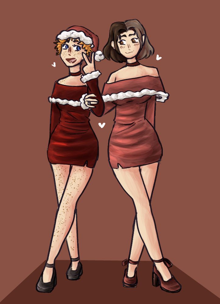 Two woman, one woman in has short orange hair who is wearing a dull red santa hat, a darker short red dress and black shoes. One woman is wearing a dull red short dress and darker red shoes along with split hair one side of her hair being dark brown and the other side being a light brown