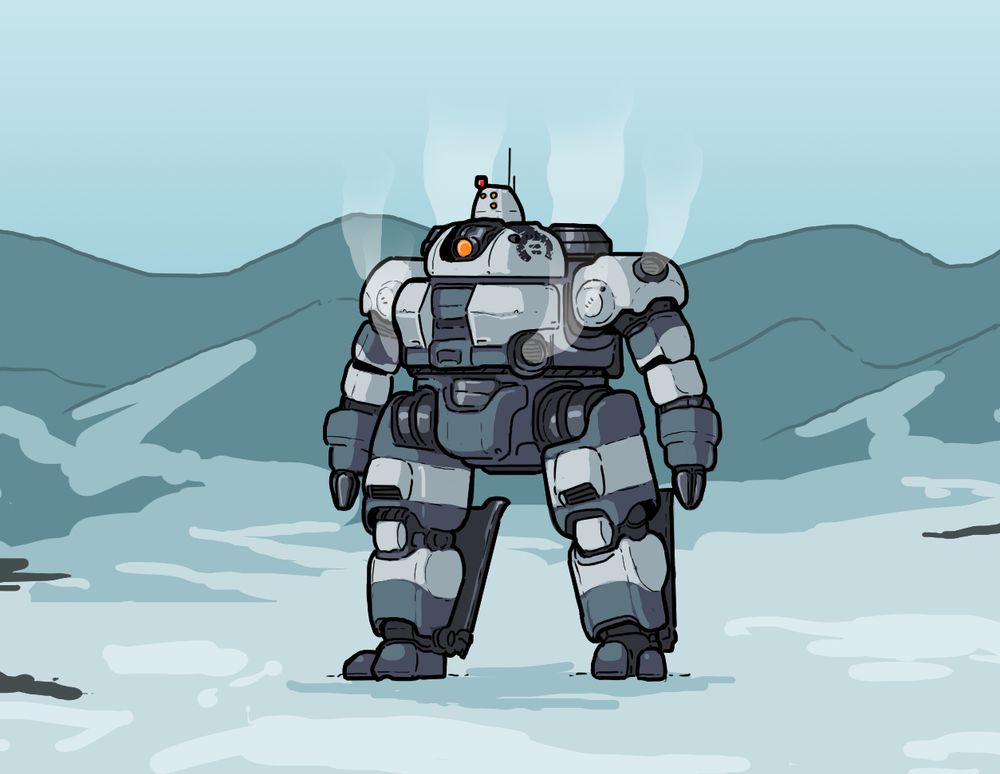 Heavyset mech with claw hands and a single orange eye. Its standing in the middle of a snowy mountain range and steam is leaking from vents on its chest, shoulders and back. A smaller secondary head with three small  red eyes is attached to the main head.