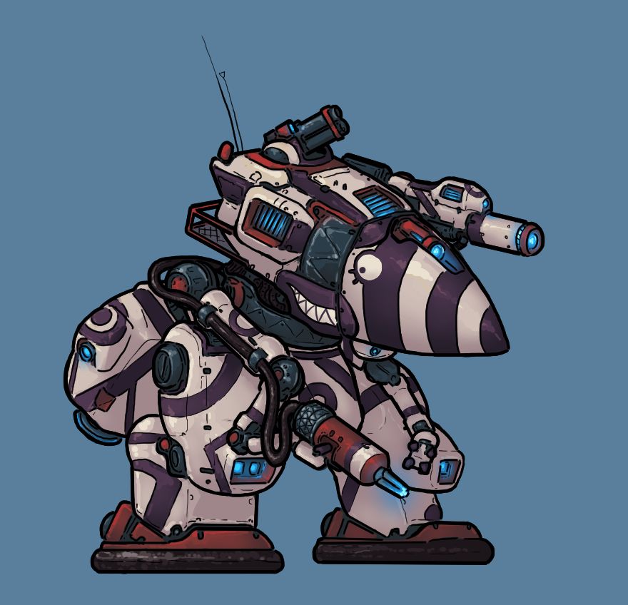 A heavyset bipedal mech with glowing blue weaponry and thrusters and a striking white with purple stripes colour scheme. Its feet have large air cushions like a hovercraft.