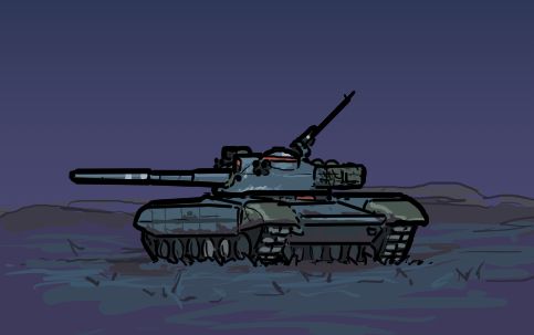 A dark blue tank with a long gun bearing left with two stripes on it. A pintle heavy machinegun on top of the turret points towards the skies. The terrain is a purple and blue grassy plain.