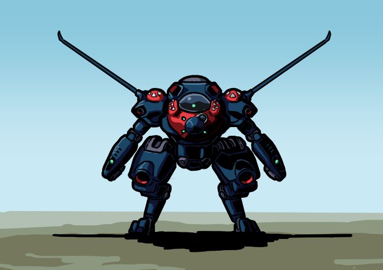 A mostly dark blue mech facing the viewer directly. It has digitigrade legs, with large thrusters built into the thighs. Its torso is elongated and resembles an aircraft, it is also painted red, with a dark blue nosecone. Three green sensors and a bulbous IRST system sit just behind the nosecone. A large reflective dome with a single green eye sits where a head would be. Two thin wings protrude from the shoulder, and each bulky forearm contains a green, glowing laser aperture.