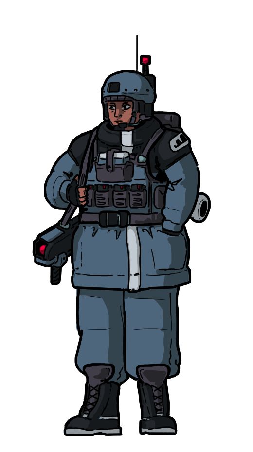 A soldier in thick, desaturated blue combat fatigues, with the upper section featuring a coat that ends 3/4 down the thigh. Over the coat is a vest covered in pouches. They're wearing a helmet with a pair of antennae, one thin, the other thick and topped with a red, reflective cube. At their right side is a stubby laser rifle with a red lens, and across their lower back is a compact anti-tank launcher.