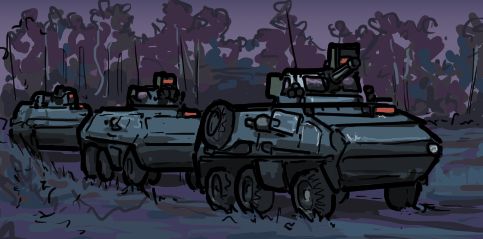 Three six wheeled, dark blue vehicles moving in a column down a forested road. All three are armoured and equipped with windowed turrets holding rotary cannons.