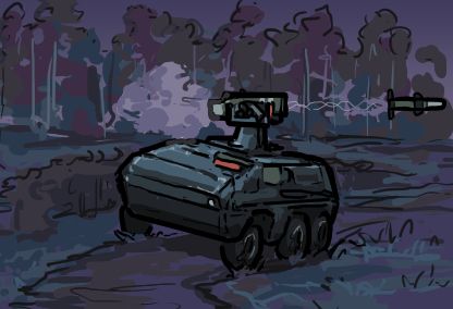 A 6x6, dark blue vehicle in a purple forest firing an atgm to the right.