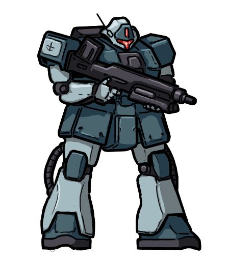 Wideset blue mech with pale grey arms legs and head with a T-shaped red visor. The right shoulder has a pale grey panel with a dark four-pointed star and crescent insignia. It is holding a bullpup rifle with two small underslung missile tubes.
