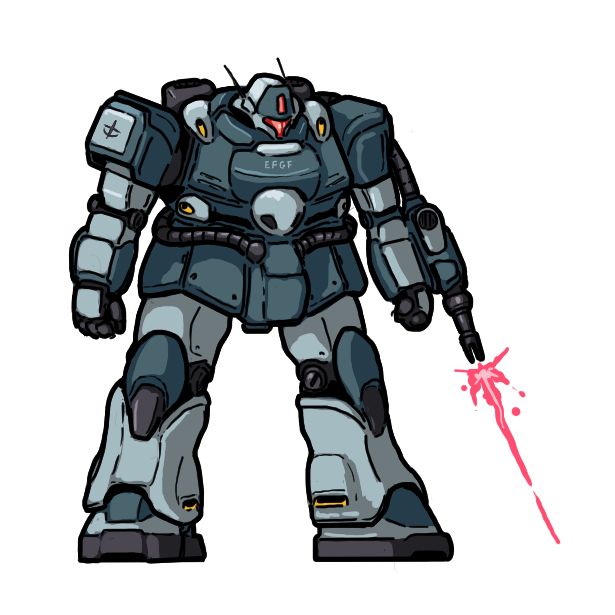 Bulky, dark blue mech with white arms and legs. Written across the chest is the letters EFGF and on the right shoulder is a four point star over a crescent. The head features a T shaped visor with an I shaped secondary camera above it.