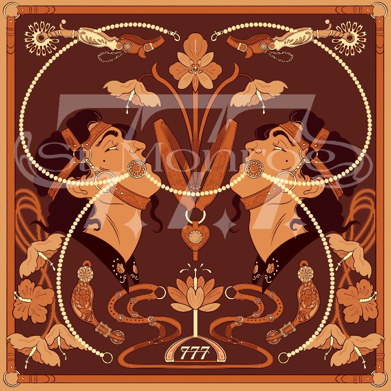 Brown/warm tone scarf with a symmetrical design of cowboys, horse riding paraphernalia, pearls, and hibiscus 