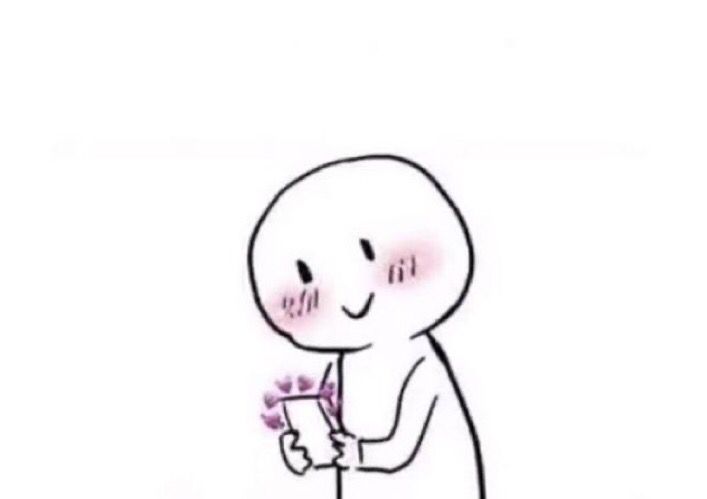 Line drawing of a person blushing while looking at their phone, which has hearts around it