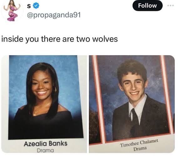A tweet by @propaganda91, that says, “inside you there are two wolves” along with the yearbook photos of Azealia Banks and Timothée Chalamet, both captioned “Drama”