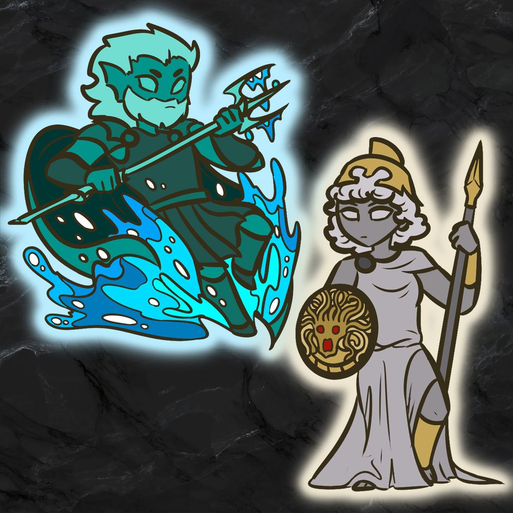 Enamel pins of Athena and Poseidon