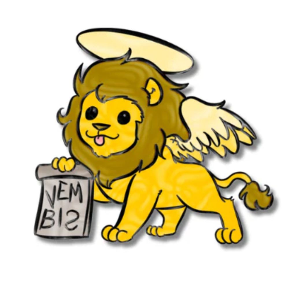 Enamel pin depicting a very goofy-looking winged lion, tongue sticking out, holding a scroll that has "vembis" scribbled on it. The S is backwards. 