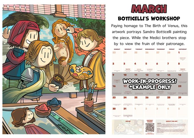 A sample page of the calendar, March, Botticelli's workshop. On the left, the artist paints the Birth of Venus while the Medici brothers view the fruits of their patronage, all in the Extra History art style. On the right is the calendar portion, with the days of March.