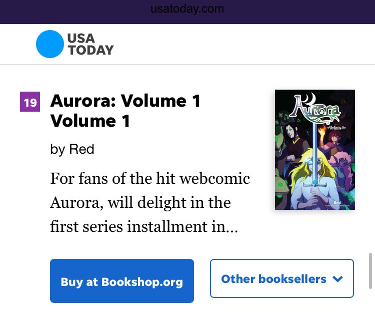 A screenshot of the USA Today bestseller list showing Aurora Volume 1 at number 19 of 150