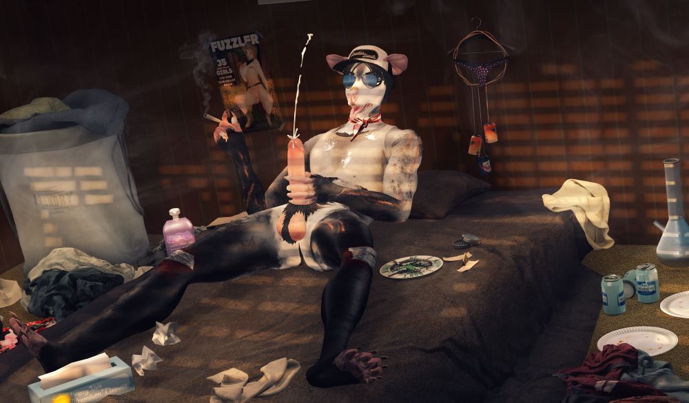 Second life rendering of a dirty trailer trash male possum in a filthy wood panel room filled with smoke and piles of laundry and used cans and paper plates littered around the floor and bed. He lays across the bed with a smouldering joint in his hand and mid stroking his erect cock as it shoots a long jet of cum across his sweat stained tank top.