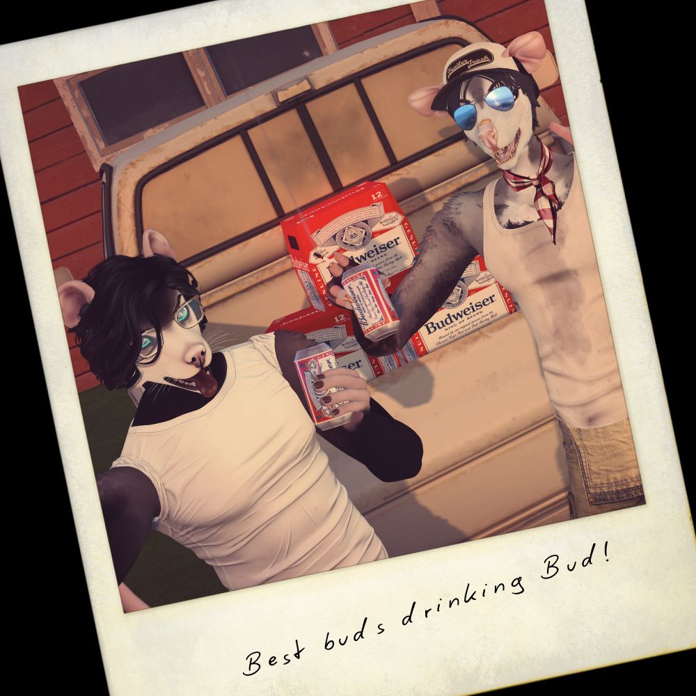 Polaroid framed selfie style image rendered in second life of two possum hicks in front of the tailgate of a white truck toasting the camera with cans of Budweiser brand beer. The truck bed is loaded with cases behind them.