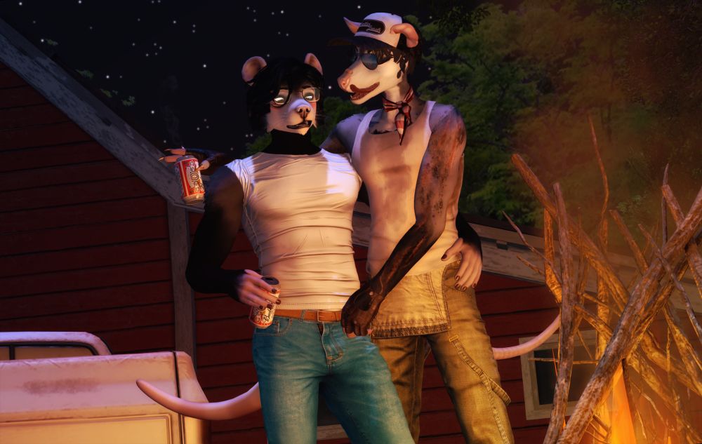 image rendered in second life of two male redneck possums getting close in front of a farmyard bonfire. They both are holding beer cans and the one on the right in a trucker hat begins to make a move on the other.