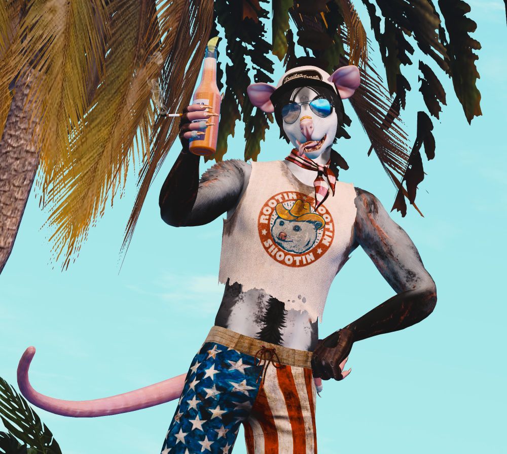 redneck opossum furry male rendered in second life wearing dirty American flag shorts and a dirty cropped shirt of a possum cowboy meme reading "Rootin Tootin Shootin" while toasting the viewer with a Corona beer bottle with a lime in the neck. His tongue wags out confidentially in a grin.